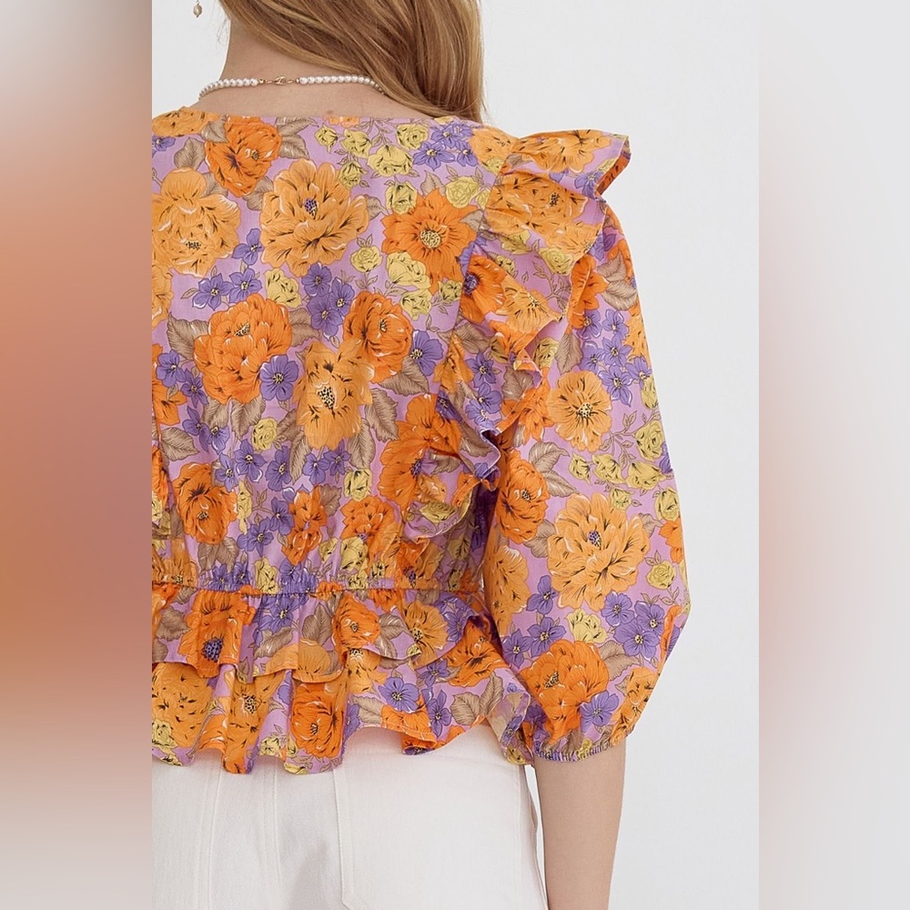 Entro Clementine Ruffled Peplum Blouse Maximalist Purple Orange Floral New Small - Picture 9 of 12